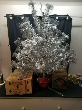4 1/2 Ft Vintage Aluminum Christmas Tree Pom - Pom Sparkler 52 Branch Box Sleeves