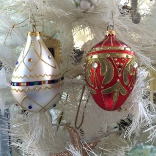 Pair / Set 2 Blown Glass Intricate Egg Ornaments,  Gold Red Hand Painted.