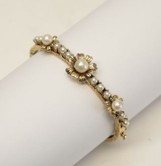Vintage 14k Yellow Gold Bangle Bracelet With Cultured Pearls,  Three Floral Forms