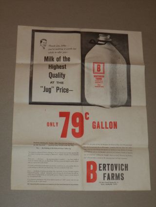 Vtg 1960s Milk Advertising Paper Sign/poster Bertovich Farm,  Bentleyville Pa