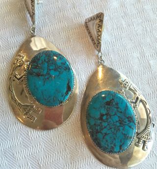Huge Estate Signed Vintage Navajo Sterling Silver Turquoise Earrings Yei Kachina