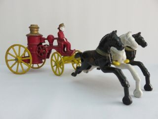 Antique Vintage Cast Iron Fire Engine Pumper Drawn By Three Horses & Fireman
