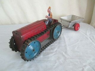 Old Marx Tractor & Wagon Vintage Wind - Up Farm Toy