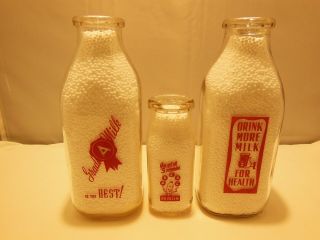 3 Vintage Maple City Dairy Milk Bottles Monmouth Ill Quarts & Half Pint Red Pyro