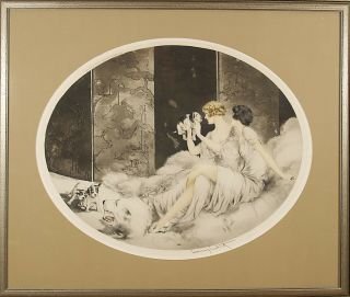 Louis Icart (french,  1880 - 1950) Color Etching Print Pencil Signed