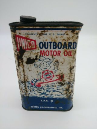 Vtg 50s Unico Outboard Motor Oil 1 Quart Can W Great Graphics