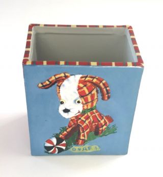 Anthropologie Nathalie Lete Art Ceramic Box Vase - Plaid Teddy Puppy - Holiday