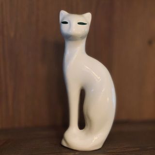 Vintage Mid - Century Modern White Ceramic Cat Kitty Statue - Green Eyes