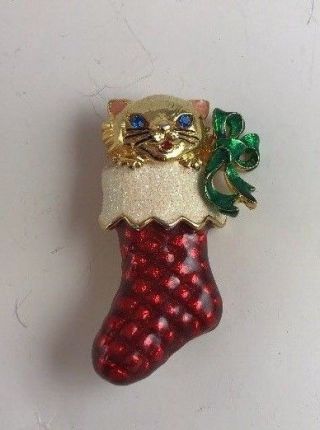 Cat In A Holiday Stocking Pin Brooch By Christopher Radko Gold Tone