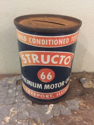 Vintage Structo 66 Motor Oil Can Tin Bank Advertising Coin Bank