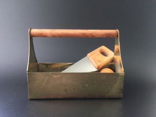Vintage 3pc Mini Carpenters Tool Set Saw,  Hand Drill Wood Handled W/ Brass Box