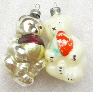 2 Vintage Russian Silver Glass Christmas Ornaments Xmas Tree Decoration Bear Cub