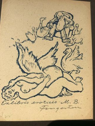 Michel Fingesten NUDE Ex Libris Book Plate Fine Art Print M.  B.  Eroticis Goose 2