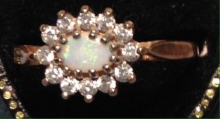 Vintage 9 Ct Rose Gold Opal & Cubic Zirconia Cluster Ring Size O 7