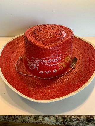Vtg Boy Kids Child Red Straw Toy Dress Up Cowboy Hat Cap Gun Play Rodeo Horse