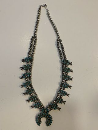 Vintage Navajo Squash Blossom Necklace Turquoise & Sterling Silver.