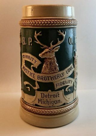 Vintage B.  P.  O.  E.  Elks Detroit Michigan 1/2 Liter Mug Stein German Stoneware