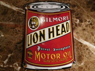 Gilmore Lion Head Motor Oil Can Sign 11 X 8  Porcelain Gilmore Lion Head
