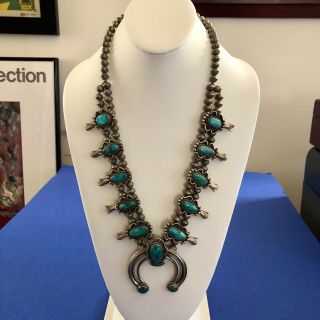 Vintage Navajo Sterling Silver Turquoise Squash Blossom Necklace W.  Naja