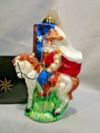 Christopher Radko Texas Santa Cowboy Glass Christmas Ornament Flag Horse Nib