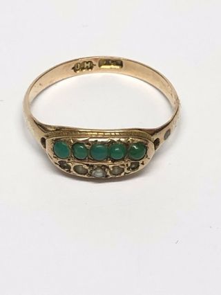 Vintage 9ct Gold Ring With Jade And Pearl Stones - Size “n1/2” Unusual Old Ring