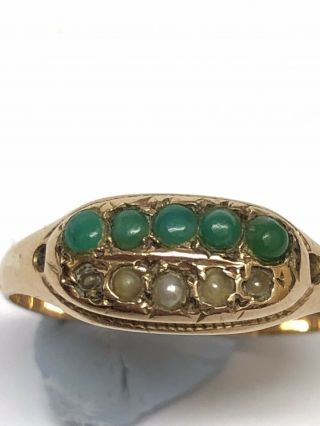 Vintage 9ct Gold Ring with Jade and Pearl Stones - Size “N1/2” Unusual Old Ring 2