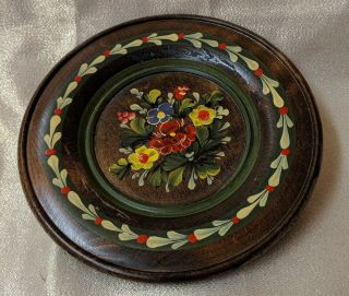 Vintage Hand Painted Wooden Plate 7 " Wall Decor Floral