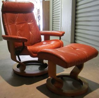 Vintage Scandinavian Design Leather Recliner With Ottoman,  Wood Base