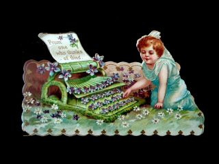 Victorian 5 1/2 " Die Cut Embossed Scrap - Small Child And Typewriter