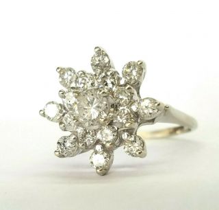 Vintage 14k White Gold Apx 2 Ctw Diamond Cluster Snowflake Cocktail Ring,  Sz 12