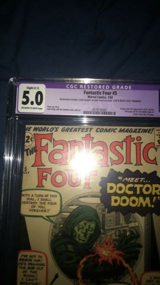 Fantastic Four 5 CGC 5.  0 OW - W C - 1 1st Dr Doom - Marvel 1962 2