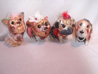 Fabulous Puppies Glass Ornament Set Pomeranian,  Pug,  Yorkshire Terrier & Beagle