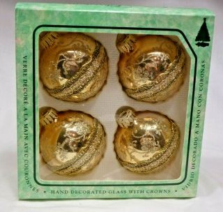 1 Box Of 4 Christmas By Krebs Gold Hand Decorated Glass Ornaments With Crowns
