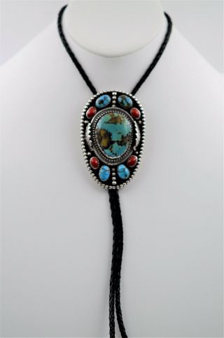 Large Vintage 1950 ' s Navajo Old Royston Turquoise and quality Coral Bolo tie 2