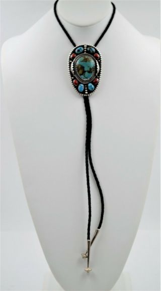 Large Vintage 1950 ' s Navajo Old Royston Turquoise and quality Coral Bolo tie 3