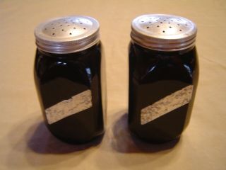 Vintage Black Glass Salt And Pepper Shakers,  Aluminum Lids.