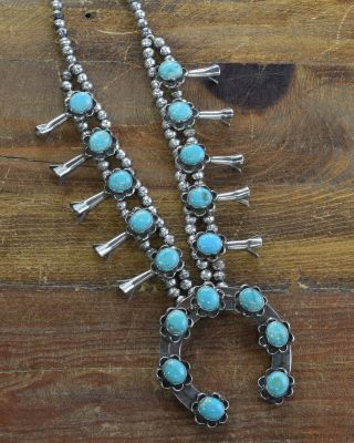 Vintage Sterling Silver Turquoise Flower Squash Blossom Necklace 2