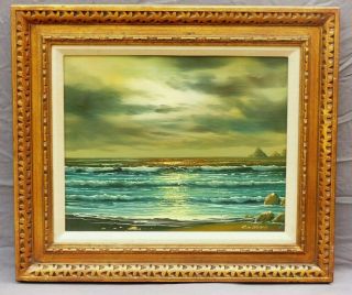 Beach Seascape At Sunset Oil Painting Signed Collins Vintage 1960 
