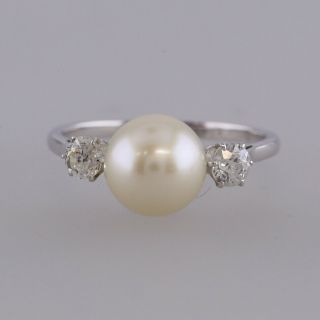 Vintage Pearl And Diamond Three Stone Ring Platinum Size L