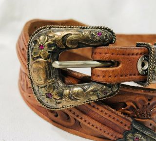 Vintage Bohlin Hollywood sterling gold buckle belt 925 & 18k rubies leather 2