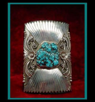 Awesome Vintage Turquoise & Sterling Silver & Leather Ketoh Bow Guard Bracelet