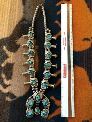 Vintage Native American Squash Blossom Necklace Turquoise & Sterling Silver