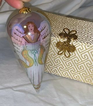 2002 Li Bien Reverse Hand - Painted Glass Teardrop Christmas Angel Ornament W/box