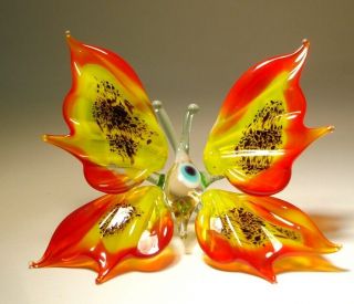 Blown Glass Art Figurine Yellow And Red With Black Specs Butterfly