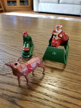 Vintage Set Of Cast Iron Santa Sleigh Deer Figures And Sled Rider 30s 40s