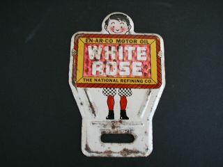 Enarco White Rose License Plate Topper - Vintage Gas Oil Sign