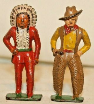 2 1917 Vtg Manoil Barclay Indian Chief & Cowboy Wild West Cast Iron Figures