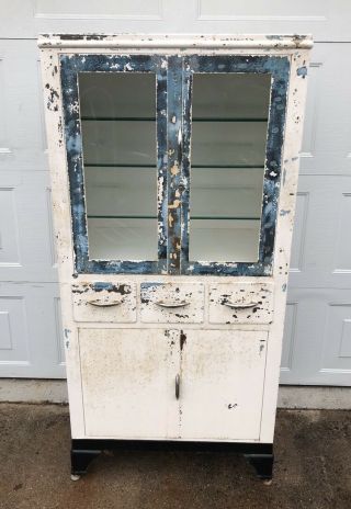 Vintage 1930’s Steel Medical Cabinet Glass Doors & Shelves Great Paint