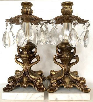Vintage Hollywood Regency - Rococo - Brass - Crystal Prisms - Marble - Candle Holders