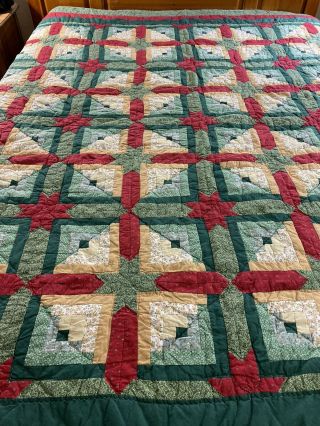 Wow Vintage Hand Crafted & Quilted Light & Dark Log Cabin W Star Quilt 84 " X 86